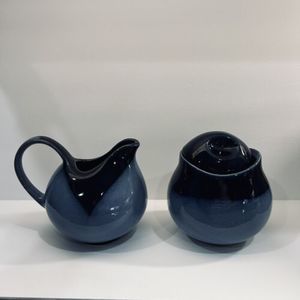 Sango Pottery Creamer and Sugar Bowl with Lid Light and Cobalt Blue Excellent Co